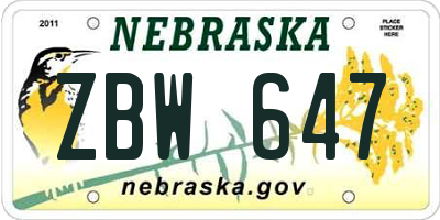 NE license plate ZBW647