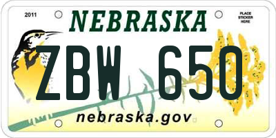 NE license plate ZBW650