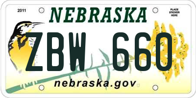 NE license plate ZBW660