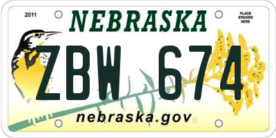 NE license plate ZBW674