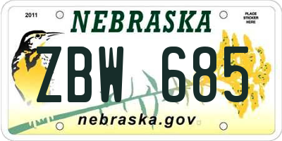 NE license plate ZBW685