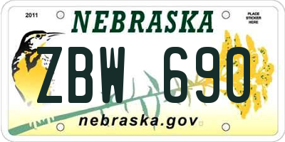 NE license plate ZBW690