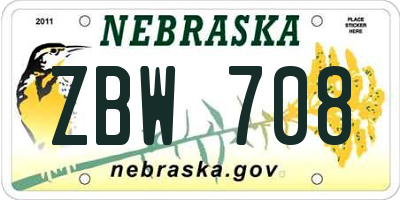 NE license plate ZBW708