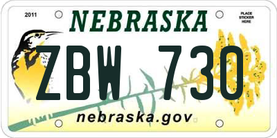 NE license plate ZBW730
