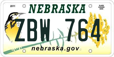 NE license plate ZBW764
