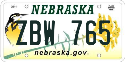 NE license plate ZBW765