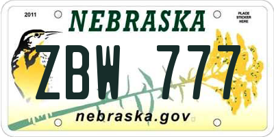 NE license plate ZBW777