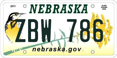 NE license plate ZBW786