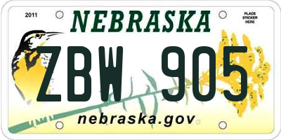 NE license plate ZBW905