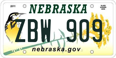 NE license plate ZBW909