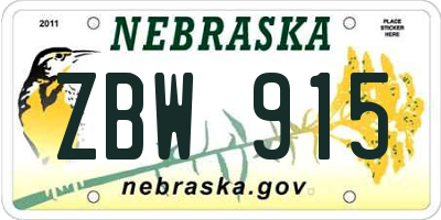 NE license plate ZBW915