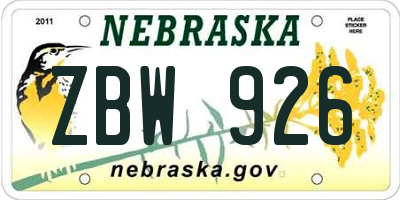 NE license plate ZBW926