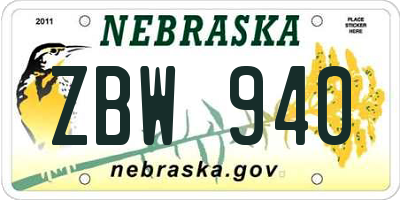NE license plate ZBW940