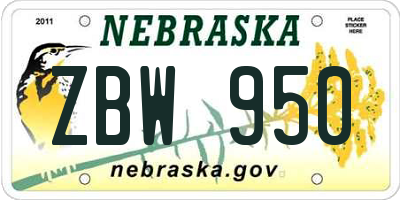 NE license plate ZBW950