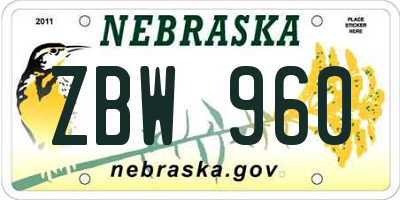 NE license plate ZBW960