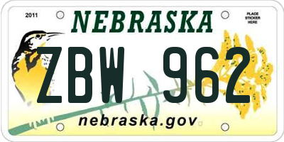 NE license plate ZBW962