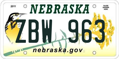 NE license plate ZBW963