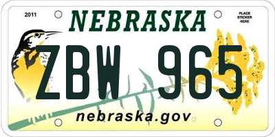NE license plate ZBW965