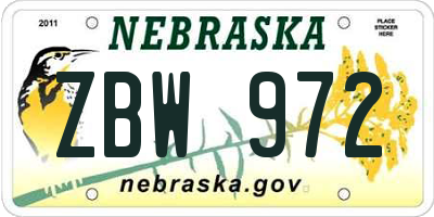 NE license plate ZBW972