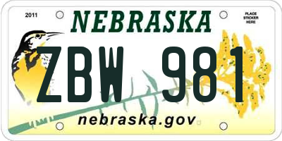 NE license plate ZBW981