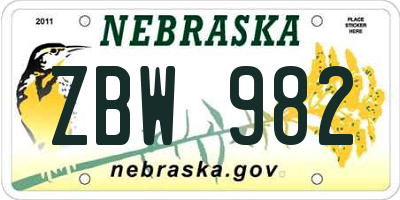 NE license plate ZBW982
