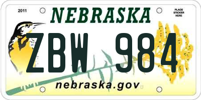NE license plate ZBW984