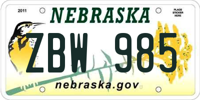 NE license plate ZBW985