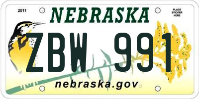 NE license plate ZBW991