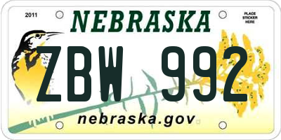 NE license plate ZBW992