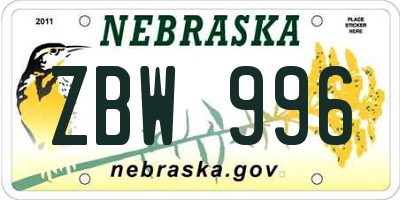 NE license plate ZBW996