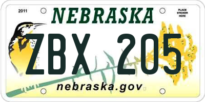 NE license plate ZBX205