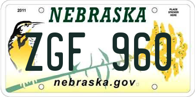 NE license plate ZGF960