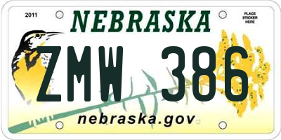 NE license plate ZMW386