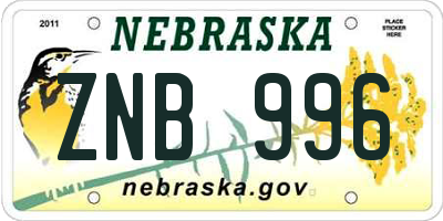 NE license plate ZNB996