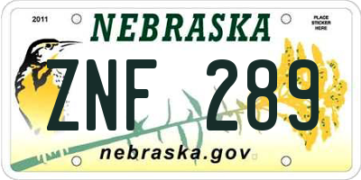 NE license plate ZNF289