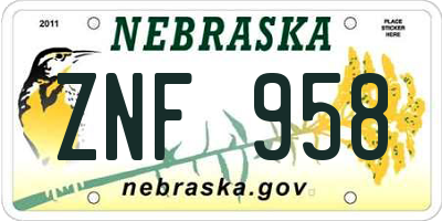 NE license plate ZNF958
