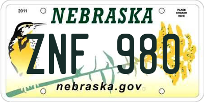 NE license plate ZNF980