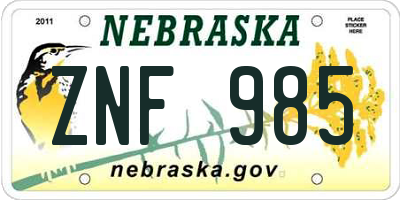 NE license plate ZNF985