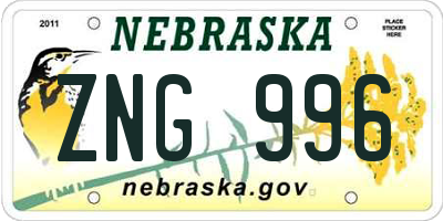 NE license plate ZNG996