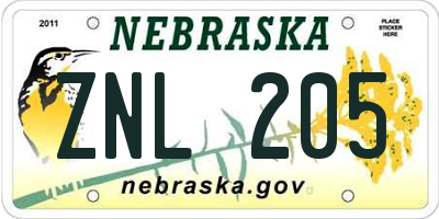 NE license plate ZNL205