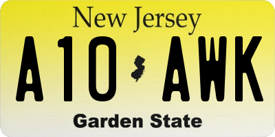 NJ license plate A10AWK