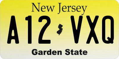 NJ license plate A12VXQ
