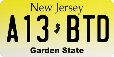 NJ license plate A13BTD