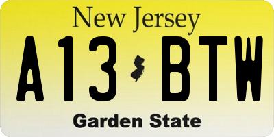 NJ license plate A13BTW
