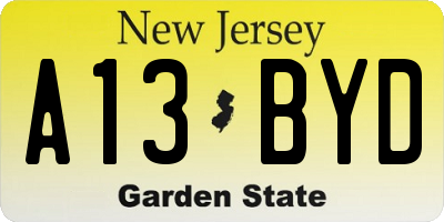 NJ license plate A13BYD