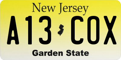 NJ license plate A13COX