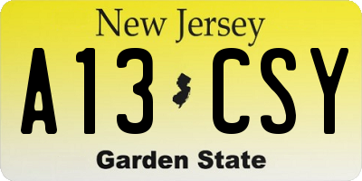 NJ license plate A13CSY