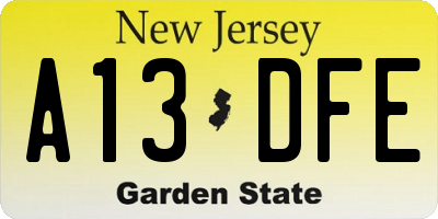 NJ license plate A13DFE