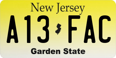 NJ license plate A13FAC