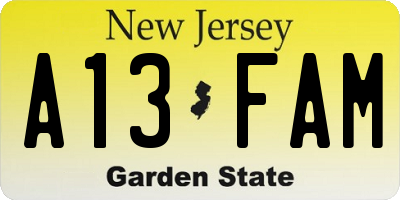 NJ license plate A13FAM